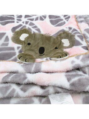 Lambs & Ivy Baby Blanket Koala Design & Gold Glitter Trim - Pink & Gray